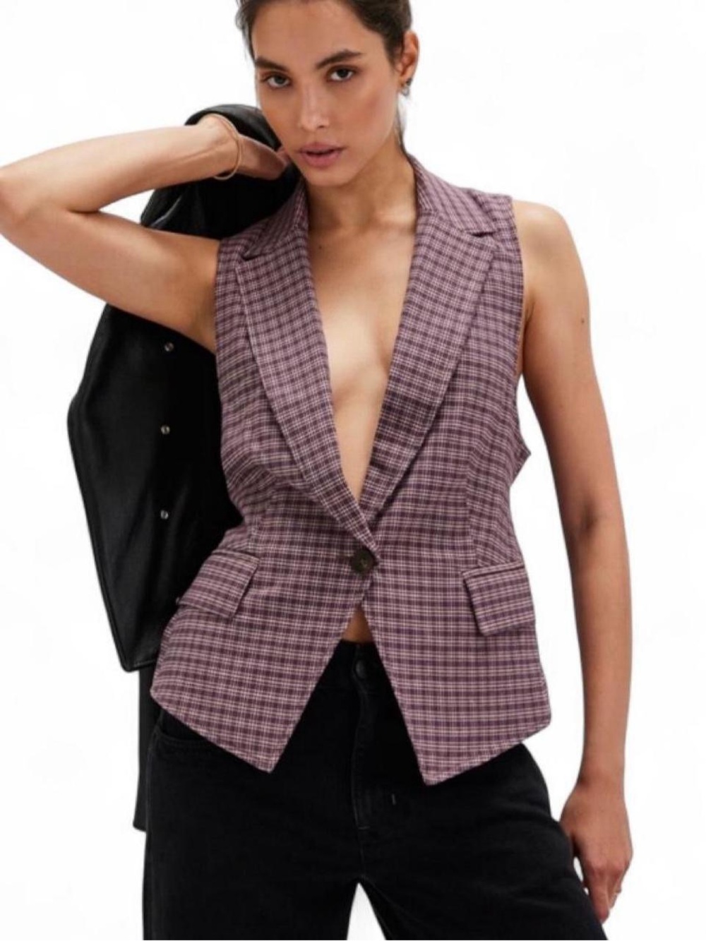 Free People Amber Belted Vest Purple Plaid Tailored NWT Small $128